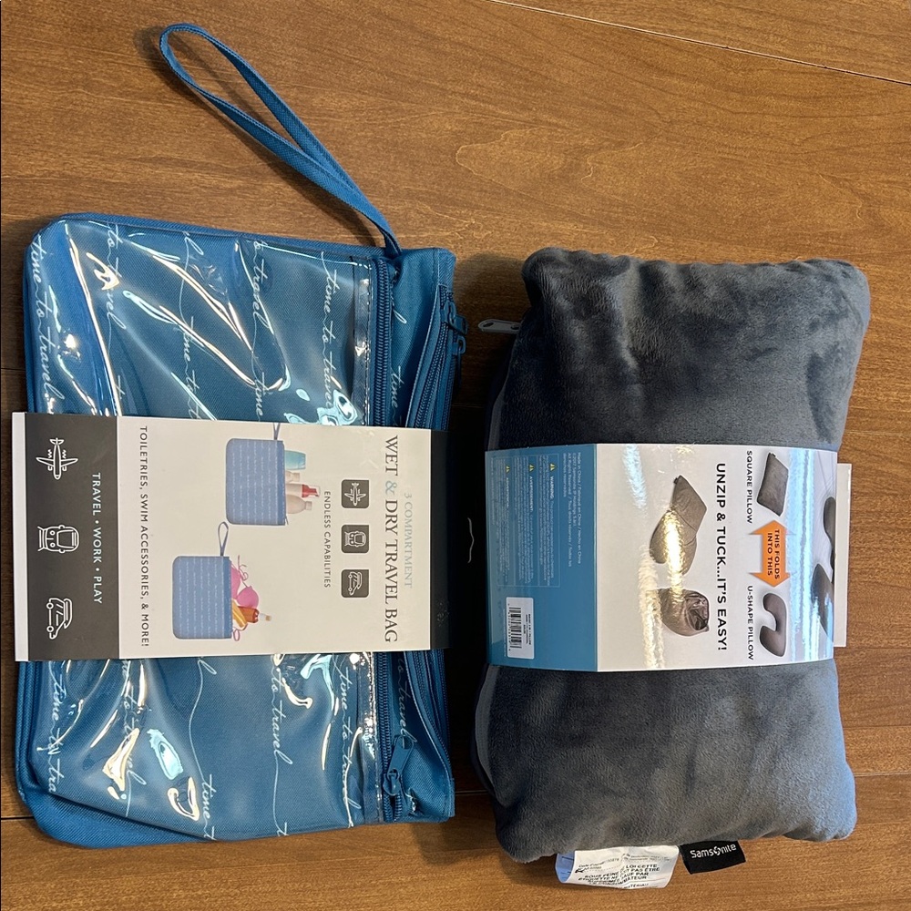 Samsonite Blue Wet/Dry Bag and Gray Travel Pillow Set